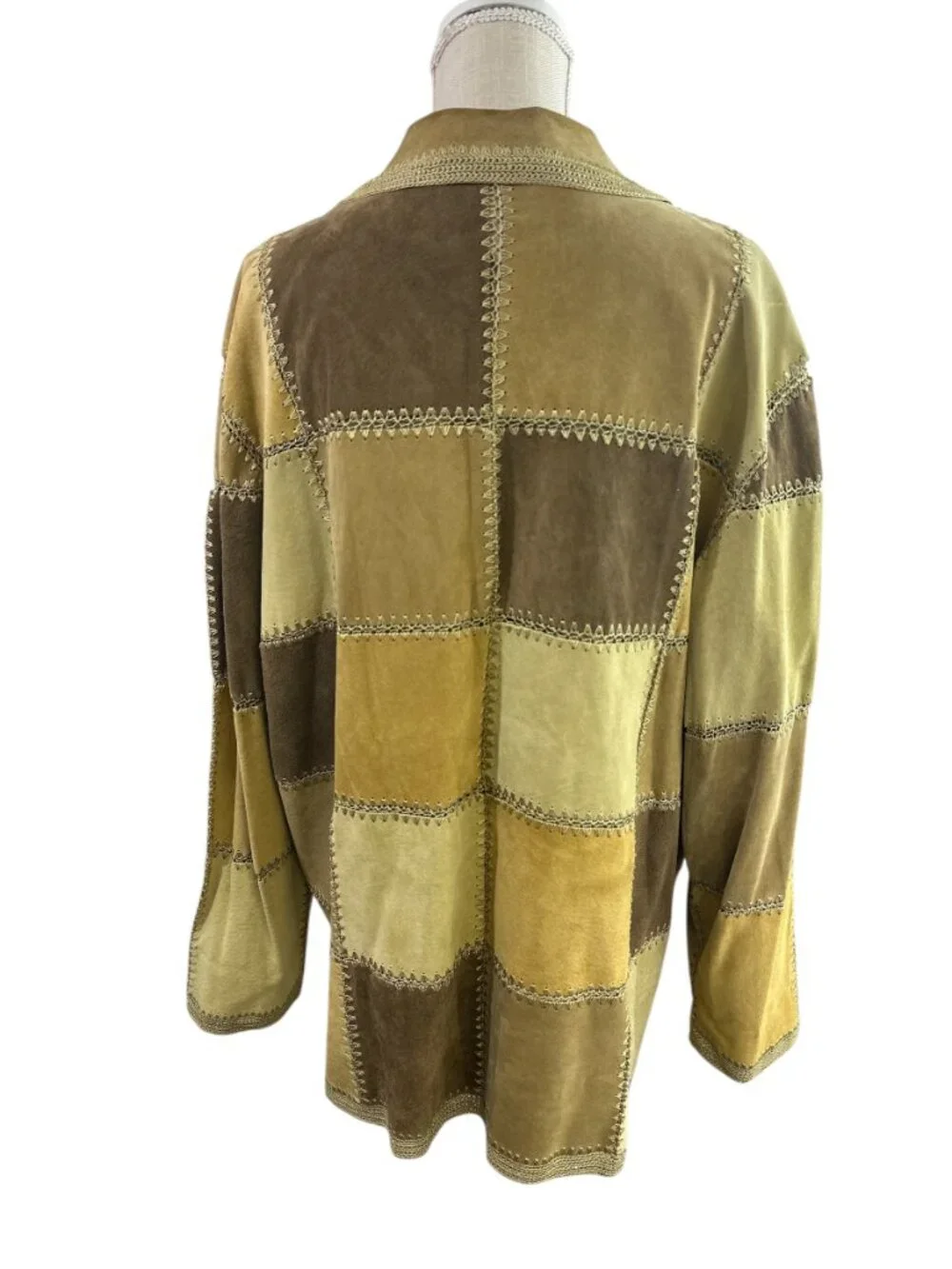 Denim & Co Womens 2X Patchwork Leather Suede Jacket Tan Brown Crochet Stitch 70s